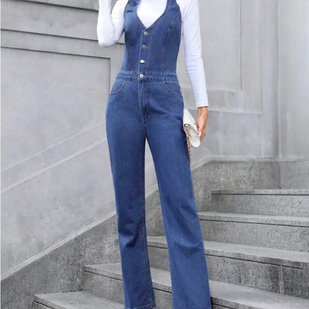Privé Button Front Denim Jumpsuit Without Tee